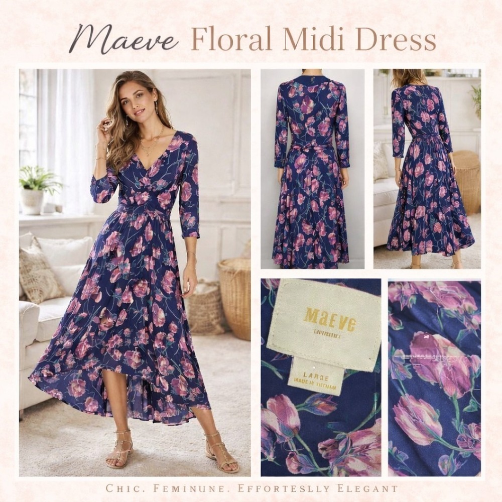 Anthro Maeve Floral Midi Dress Size L Navy Pink Boho Flowy Romantic Chic